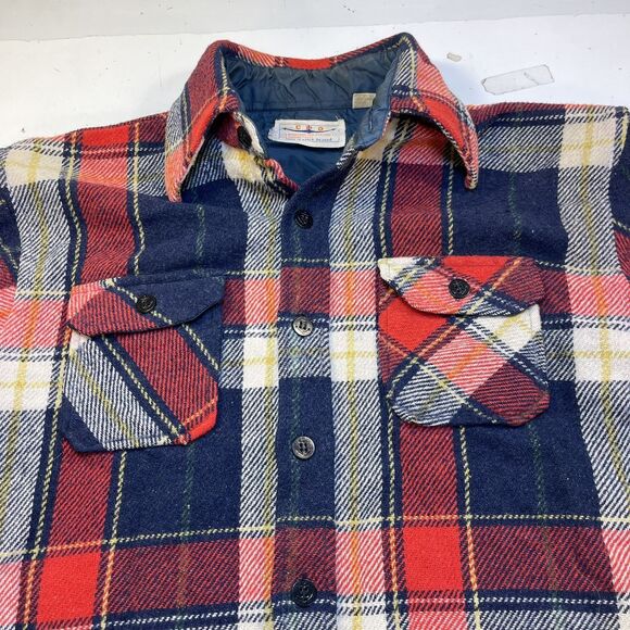 VINTAGE CPO OUTDOOR CAMP FLANNEL LUMBERJACK SHIRT JACKET Mens S Wool Linen Plaid - Picture 1 of 7